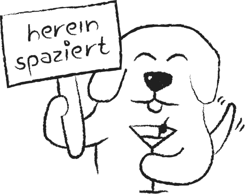Buddy mit Herein-spaziert-Schild