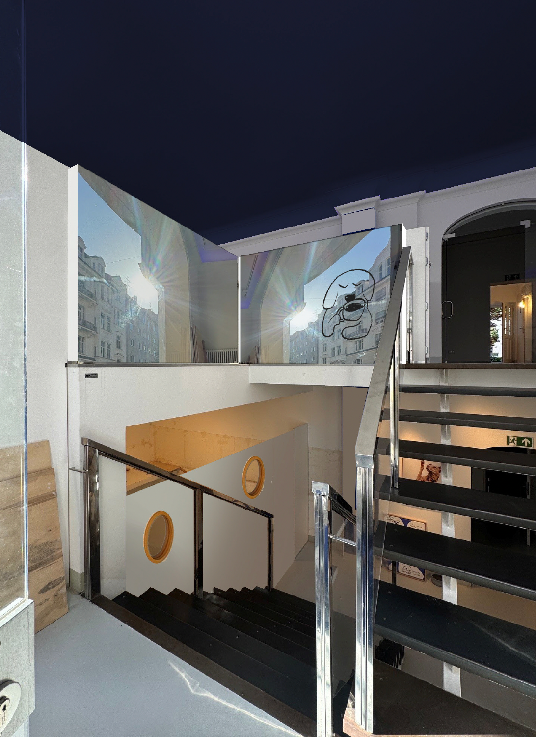 Treppe mit Bullaugen und Glasgeländer im Salon Schwabing